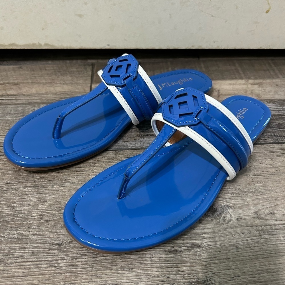 J. McLaughlin Blue and White Nixi thong Sandals slides